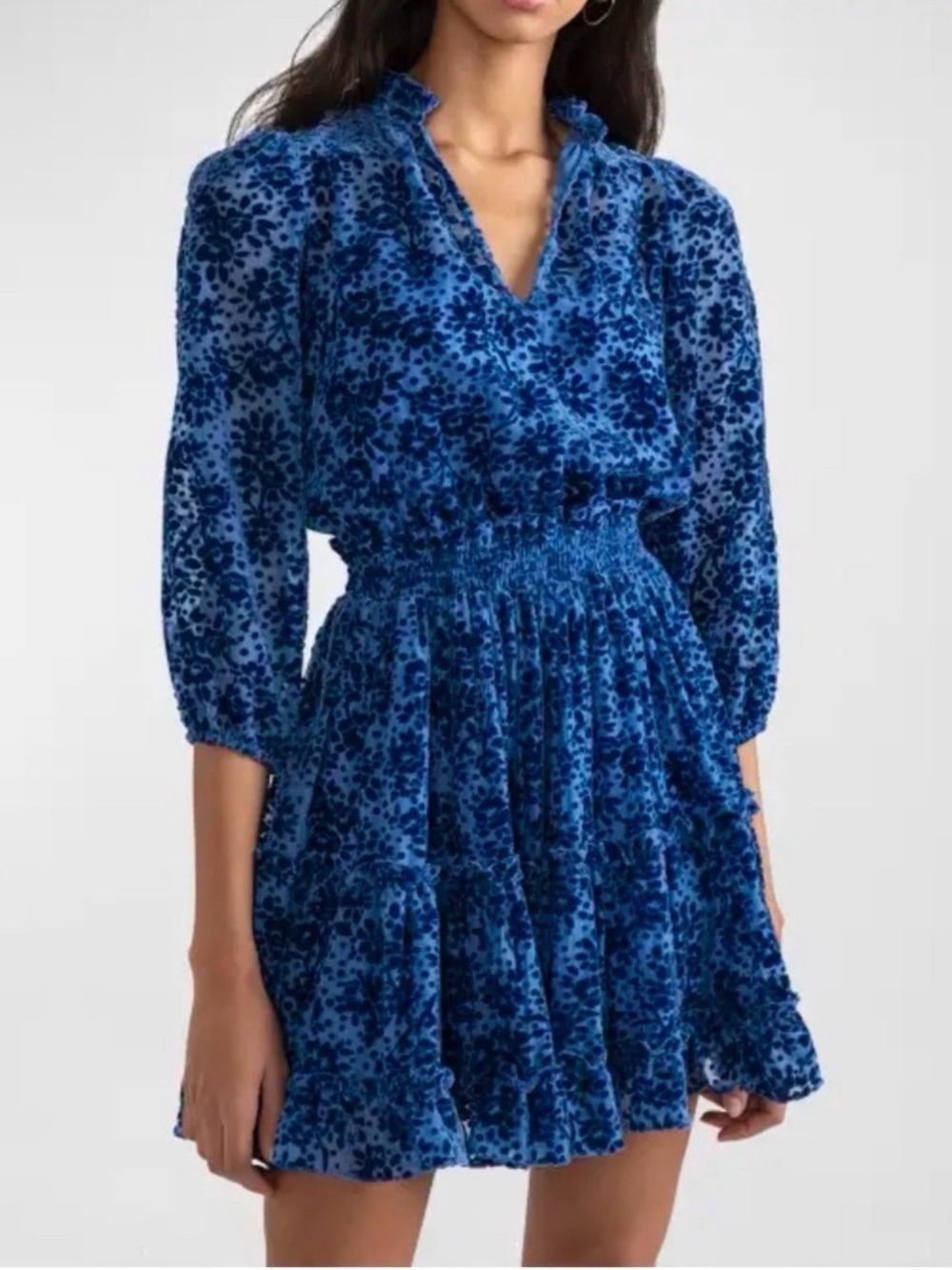 Shoshanna Blue Floral Ruffled V-Neck Smocked-Waist Mini Dress
